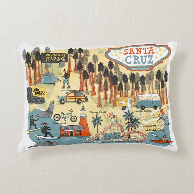 Santa Cruz California Illustrated Map Accent Pillow (Front)