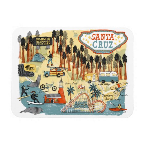 Santa Cruz California Illustrated Map Magnet
