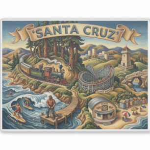Santa Cruz California Illustrated Map UCSC Wharf Sticker
