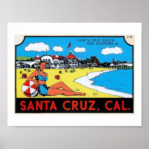 Santa Cruz California Luggage Label Vintage Poster