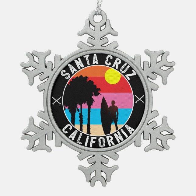 Santa Cruz California Surfing Surf Snowflake Pewter Christmas Ornament (Front)