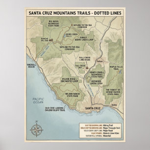 Santa Cruz California Trail Map Redwood & Coastal Poster
