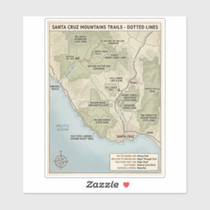 Santa Cruz California Trail Map Redwood & Coastal Sticker