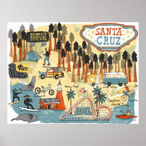 Santa Cruz California UCSC Map Illustration Poster