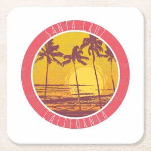 Santa Cruz California Vintage Beach Sunrise Surf Square Paper Coaster