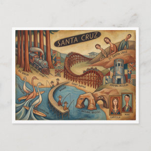 Santa Cruz California Whimsical Map UCSC Boardwalk Postcard