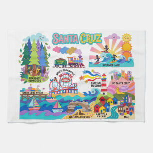 Santa Cruz Illustrated Map Boardwalk Beach Surfing Kitchen Towel