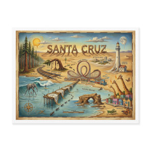 Santa Cruz Pop Art Map – Bold Coastal Landmark Postcard