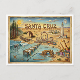 Santa Cruz Pop Art Map – Bold Coastal Landmark Postcard