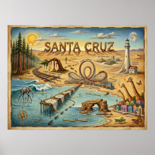 Santa Cruz Pop Art Map – Bold Coastal Landmark Poster