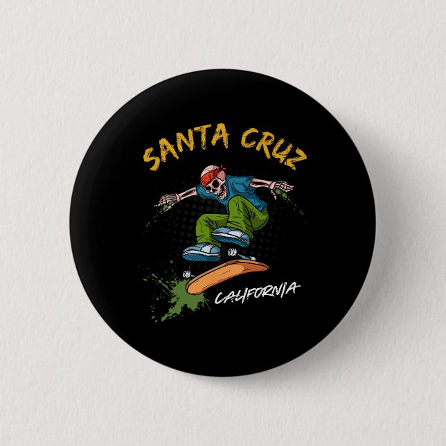 Santa-cruz Skeleton Skateboard Beach Funny Hallowe Button (Front)