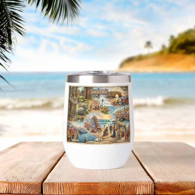 Santa Cruz Vibe Map – Cultural Coastal Art Print Thermal Wine Tumbler (Beach (Rotated))