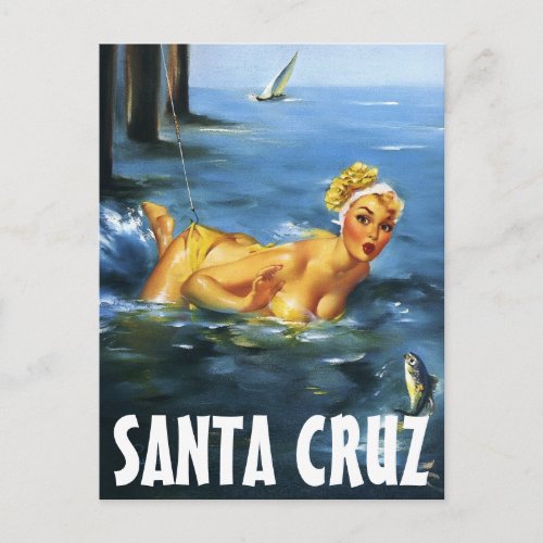 Santa Cruz  Vintage pin up girl art  postcard