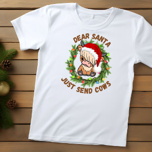 Santa Cute Highland Cow Christmas wreath T-Shirt