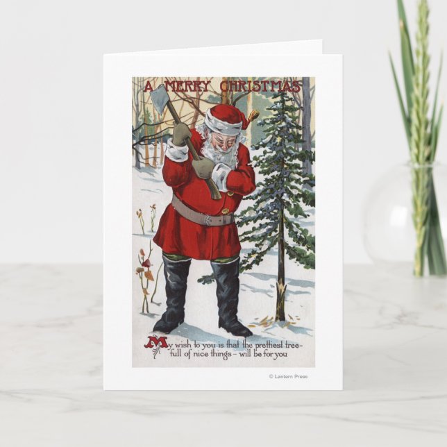 Santa Cutting Down Christmas Tree Holiday Card (Front)