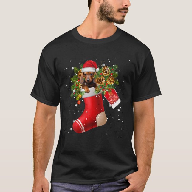 Santa Dachshund In Christmas Sock Pajama T-Shirt (Front)