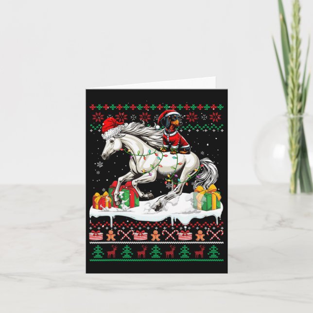 Santa Dachshund Riding Horse Christmas Sweater Lov Card (Front)