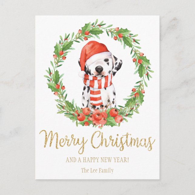 Santa Dalmatian Dog Merry Christmas Greetings Holiday Postcard (Front)