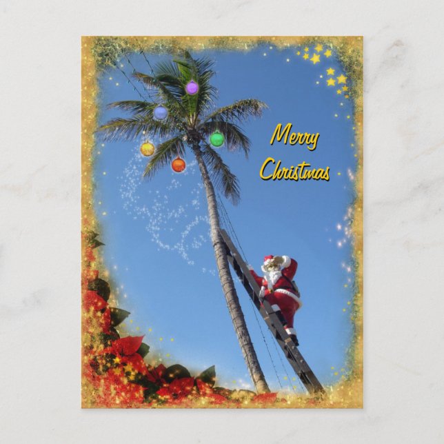 Santa decorating a Palm Tree Holiday Postcard (Front)