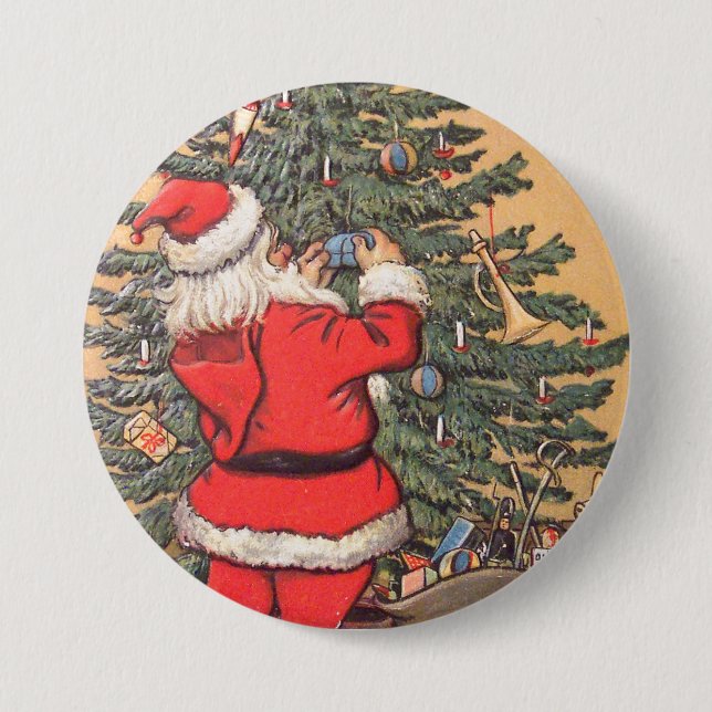 Santa Decorating Christmas Tree Button (Front)