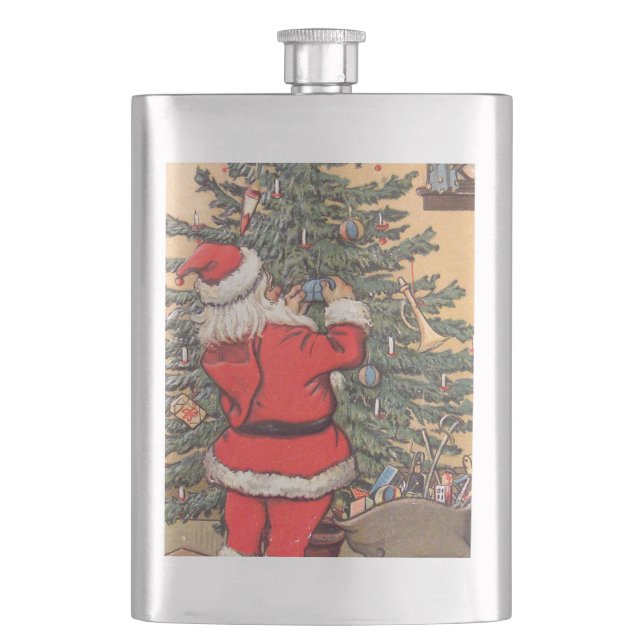Santa Decorating Christmas Tree Flask (Front)