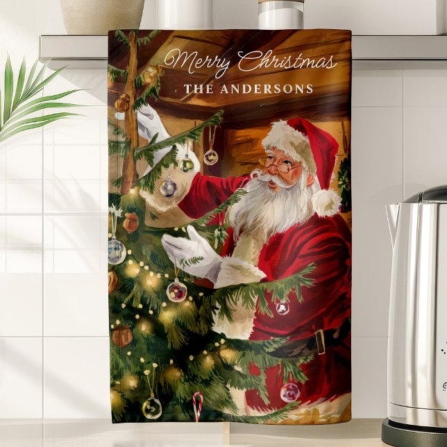 Santa Decorating Christmas Tree Personalized Kitchen Towel (Creator Uploaded)