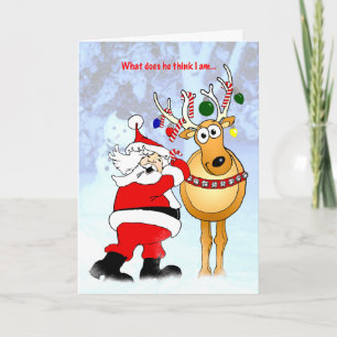 Santa Decorating Reindeer Friend! Holiday Card