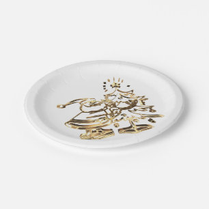 Santa decorating the Christmas Tree Gold Elegant Paper Plates
