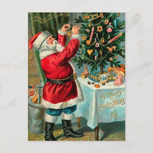 Santa decorating the Christmas Tree Holiday Postcard