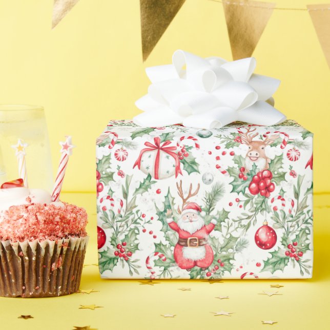 Santa Deer Baubles Holly Christmas Wrapping Paper (Birthday Party)