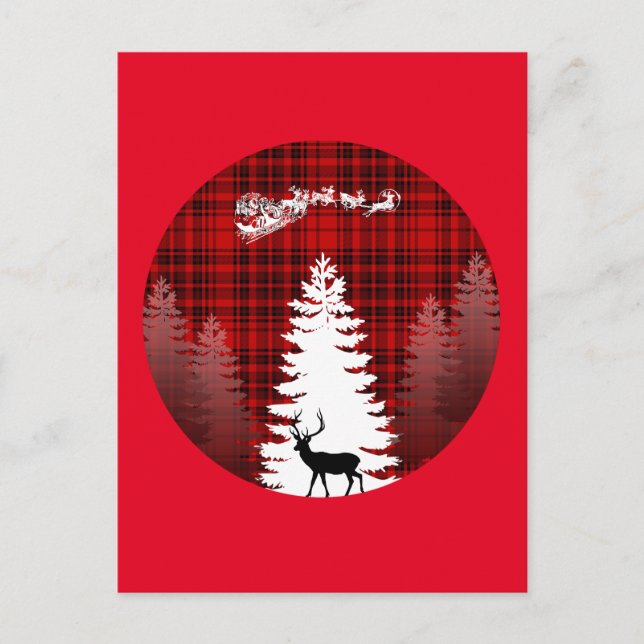 santa deer christmas tree red checkered plaid postcard (Front)