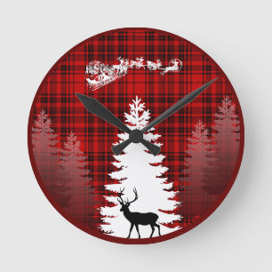 santa deer christmas tree red checkered plaid round clock
