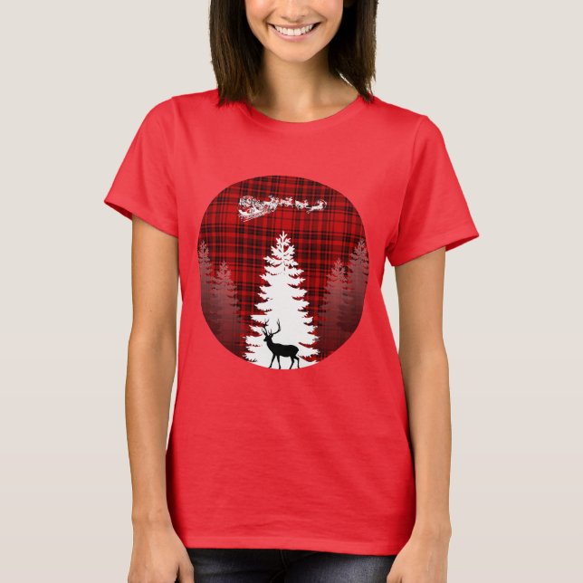 santa deer christmas tree red checkered plaid T-Shirt (Front)
