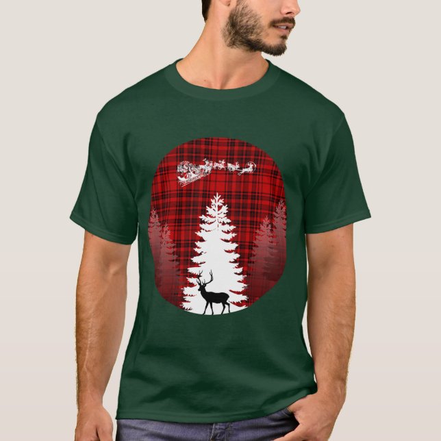 santa deer christmas tree red checkered plaid T-Shirt (Front)