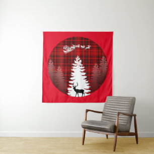 santa deer christmas tree red checkered plaid tapestry