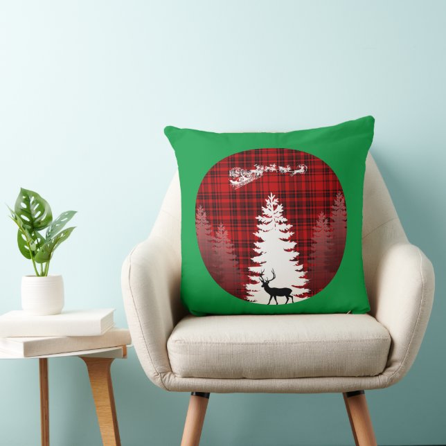 santa deer christmas tree red checkered plaid throw pillow (Chair)