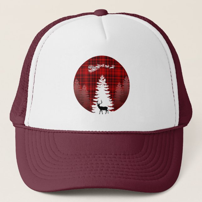 santa deer christmas tree red checkered plaid trucker hat (Front)