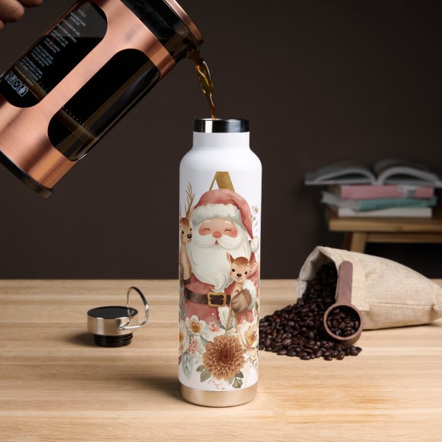 Santa Deer Letter Mug Winter Alphabet Illustration Water Bottle (Coffee (Rotated))