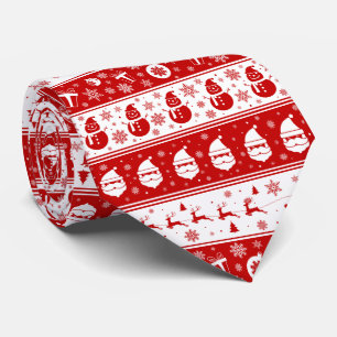 Santa, Deers and Snowflakes White & Red Christmas Neck Tie