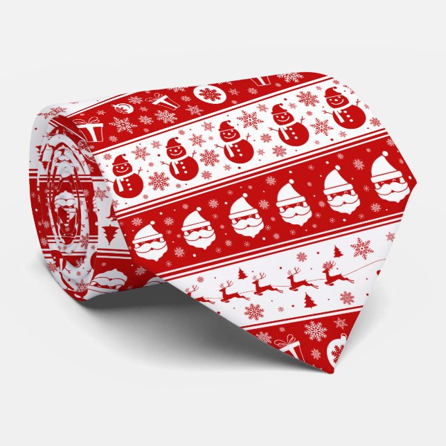Santa, Deers and Snowflakes White & Red Christmas Neck Tie (Rolled)