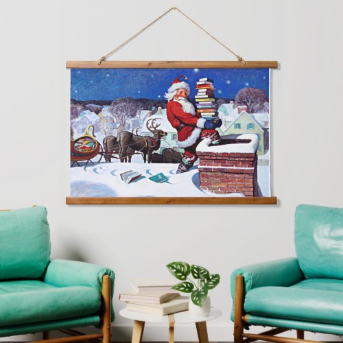 Santa Delivering an Armload of Books Hanging Tapestry