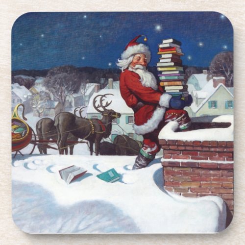 Santa Delivering Armload of Books Beverage Coaster