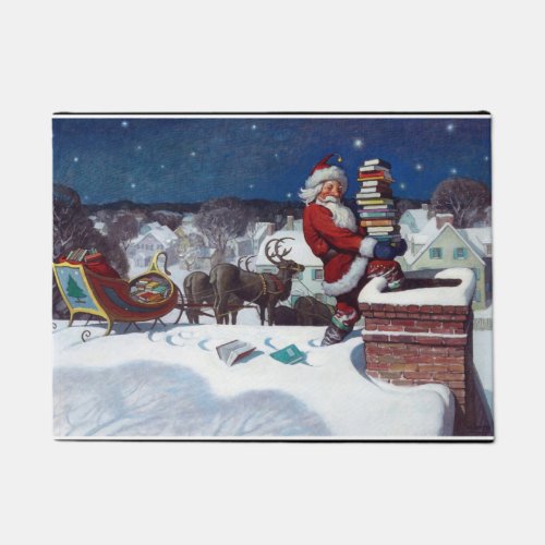 Santa delivering armload of books by NC Wyeth Doormat