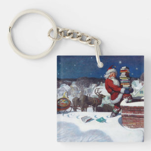 Santa delivering armload of books by N.C. Wyeth Keychain