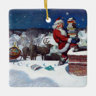 Santa delivering armload of books by Wyeth Ceramic Ornament