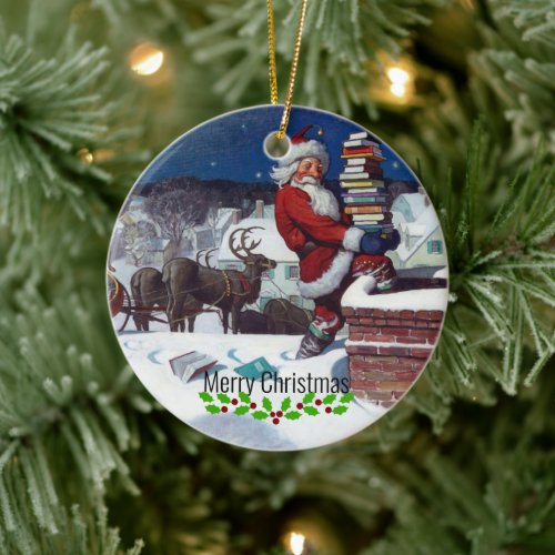 Santa delivering armload of books by Wyeth Ceramic Ornament