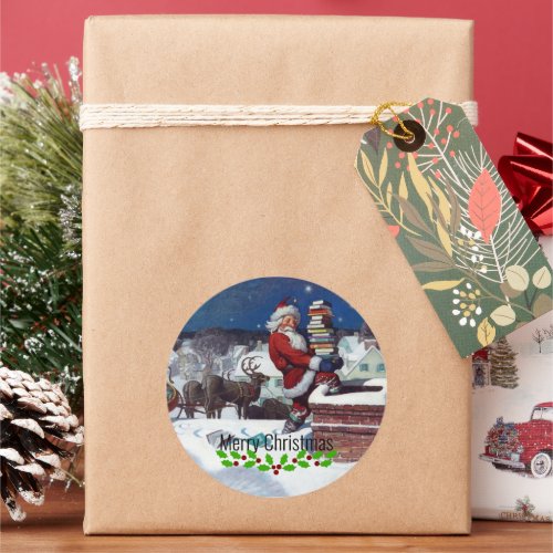 Santa delivering armload of books by Wyeth Classic Round Sticker
