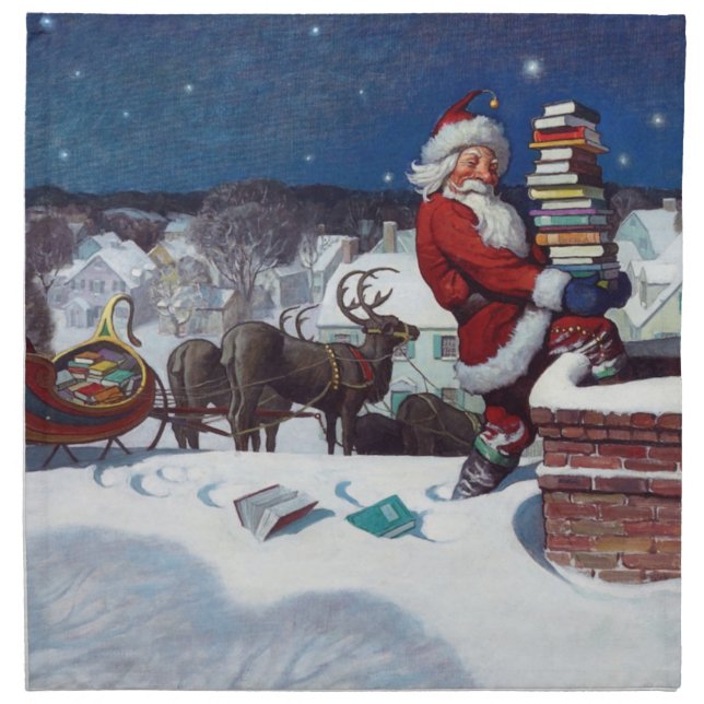 Santa delivering armload of books by Wyeth Cloth Napkin (Front)