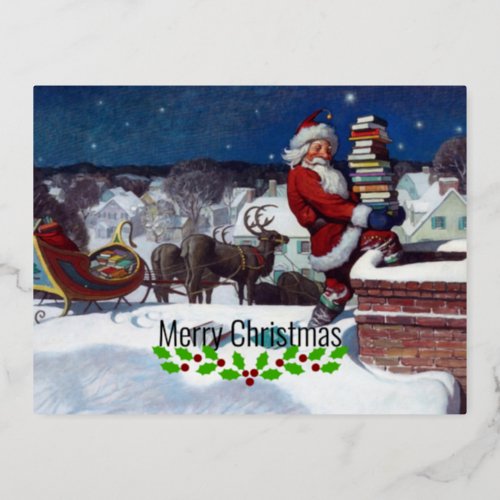 Santa delivering armload of books by Wyeth Foil Holiday Postcard