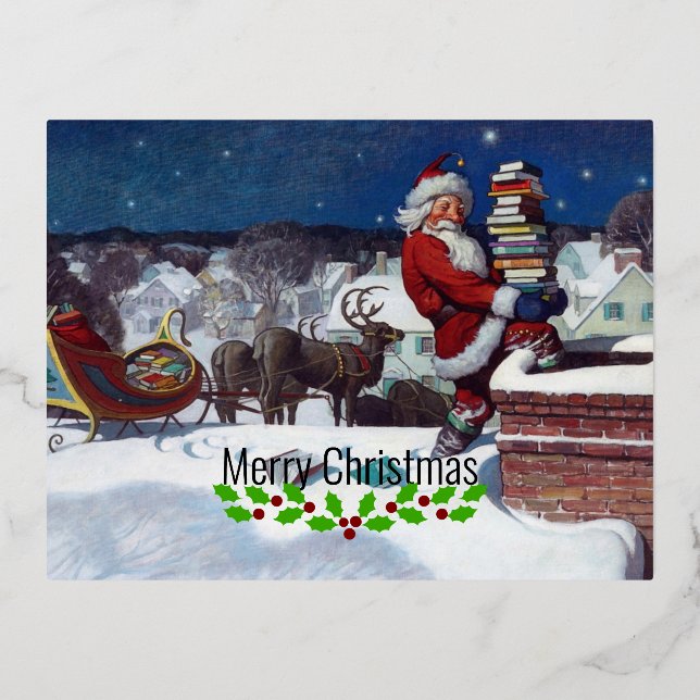 Santa delivering armload of books by Wyeth Foil Holiday Postcard (Front)